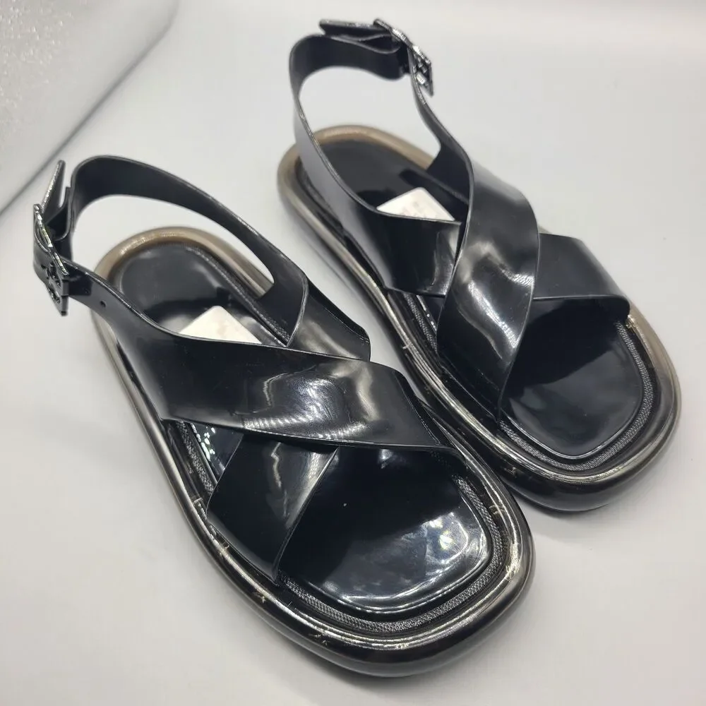 Tory Burch Sandals Criss Cross Bubble Jelly  Black slingback flat Sz 7 new